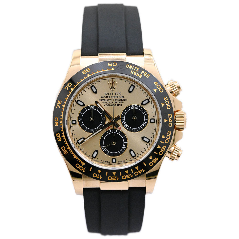 Rolex Unisex Daytona 18K Yellow Gold 40mm Champagne Chronograph Dial Watch Reference #: 116518 - Happy Jewelers Fine Jewelry Lifetime Warranty