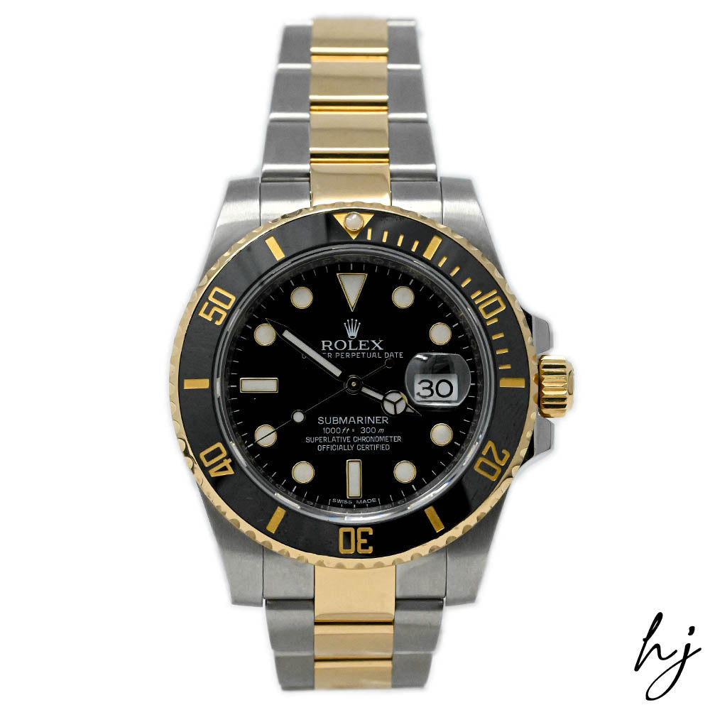 Rolex Men's Submariner Date Yellow Gold & Steel 40mm Black Dot Dial Watch Reference #: 116613LN - Happy Jewelers Fine Jewelry Lifetime Warranty