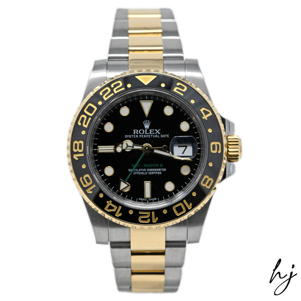 Rolex Men's GMT-Master II 18K Yellow Gold & Steel 40mm Black Dot Dial Watch Reference #: 116713LN - Happy Jewelers Fine Jewelry Lifetime Warranty