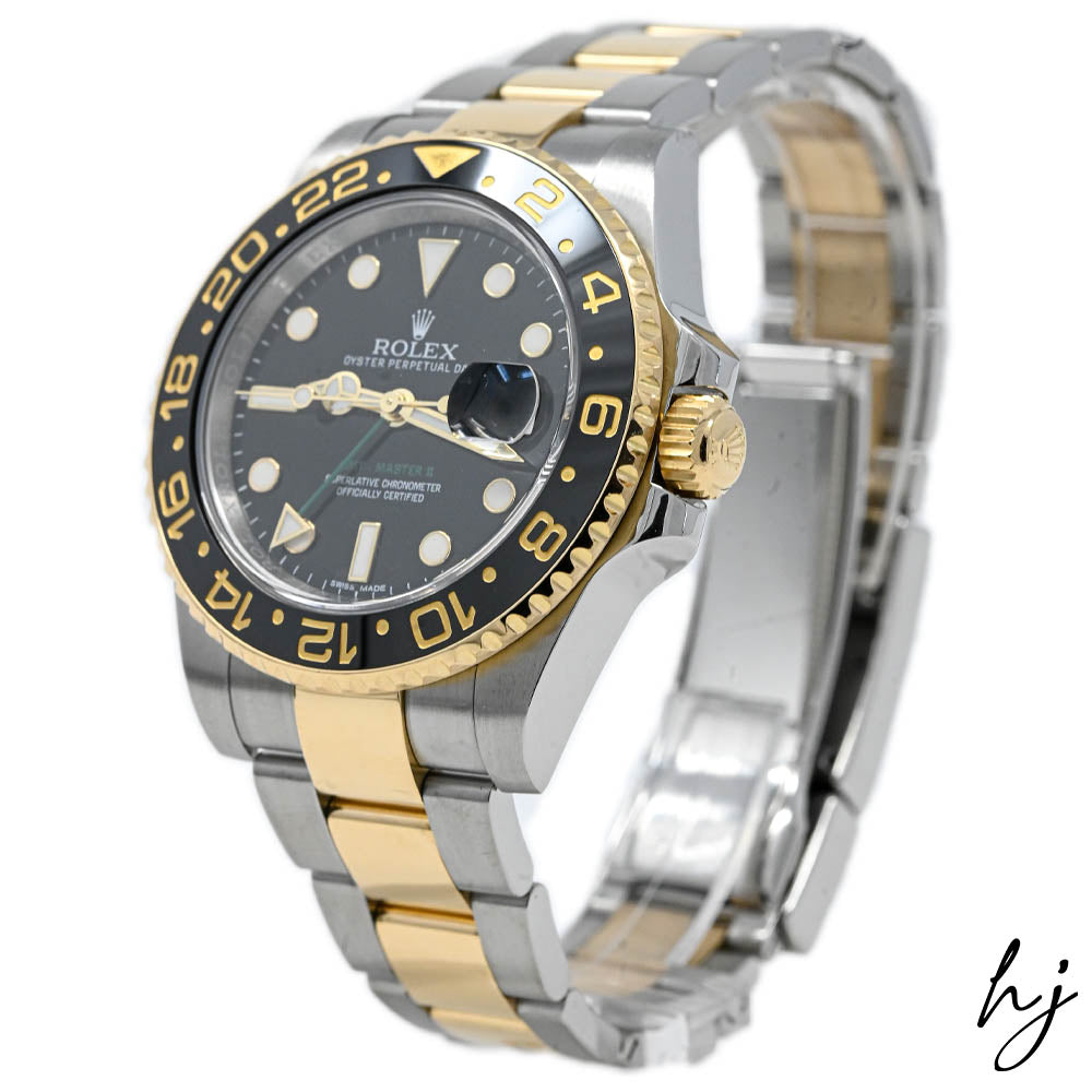 Rolex Men's GMT Master II Two Tone Yellow Gold and Stainless Steel 40mm Black Dot Dial Watch Reference #: 116713 - Happy Jewelers Fine Jewelry Lifetime Warranty