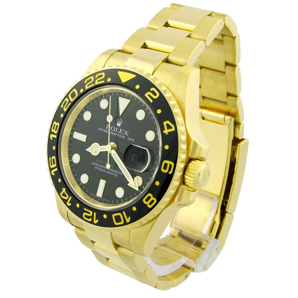 Rolex Mens GMT Master II 40mm all 18k Yellow Gold Watch, Black Dot dial, Black Ceramic Bezel, Yellow Gold Oyster Bracelet - Happy Jewelers Fine Jewelry Lifetime Warranty