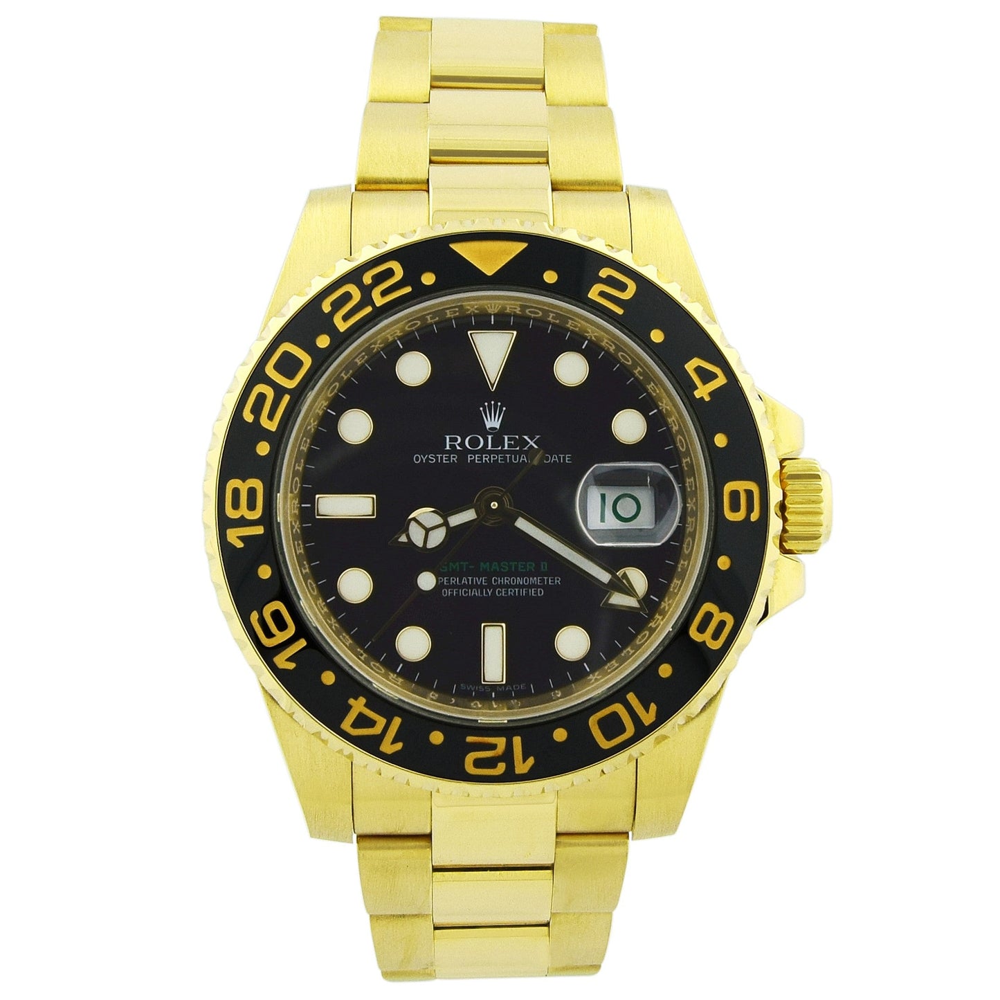 Load image into Gallery viewer, Rolex Mens GMT Master II 40mm all 18k Yellow Gold Watch, Black Dot dial, Black Ceramic Bezel, Yellow Gold Oyster Bracelet - Happy Jewelers Fine Jewelry Lifetime Warranty
