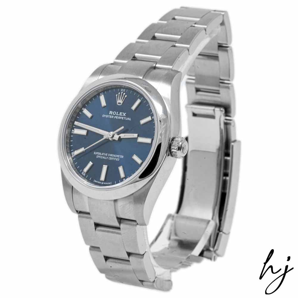 Rolex Unisex Oyster Perpetual Stainless Steel 34mm Blue Stick Dial Watch Reference #: 124200 - Happy Jewelers Fine Jewelry Lifetime Warranty