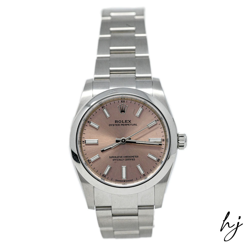 Rolex Unisex Oyster Perpetual Stainless Steel 34mm Pink Stick Dial Watch Reference #: 124200 - Happy Jewelers Fine Jewelry Lifetime Warranty