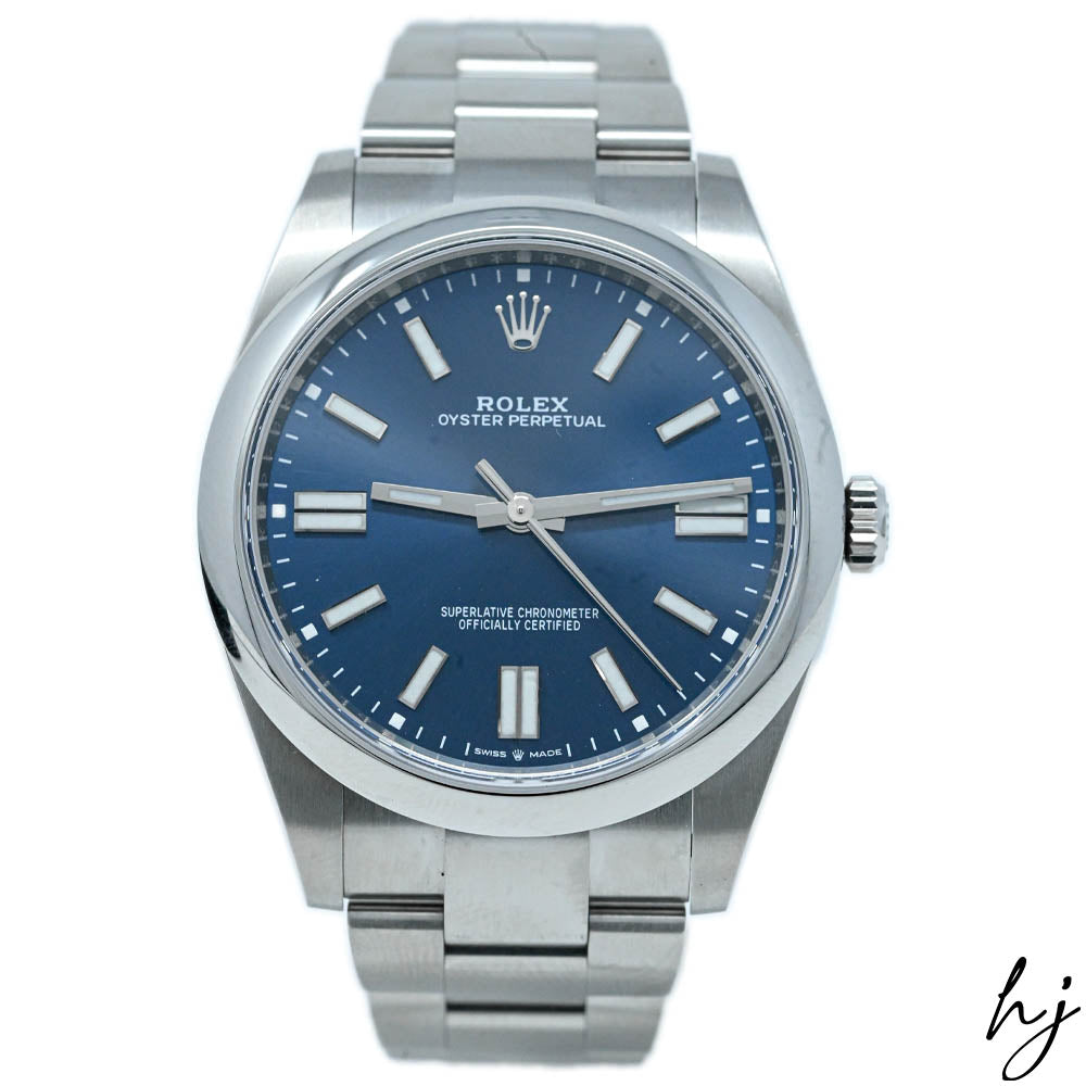 Rolex Men's Oyster Perpetual Stainless Steel 41mm Blue Stick Dial Watch Reference #: 124300 - Happy Jewelers Fine Jewelry Lifetime Warranty