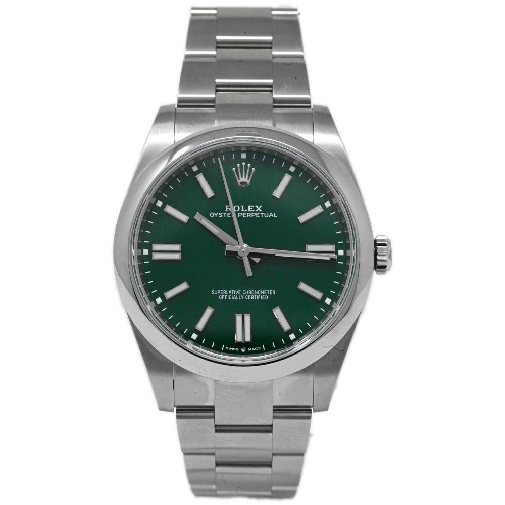 Rolex Unisex Oyster Perpetual Stainless Steel 41mm Forrest Green Stick Dial Watch Reference #: 124300 - Happy Jewelers Fine Jewelry Lifetime Warranty