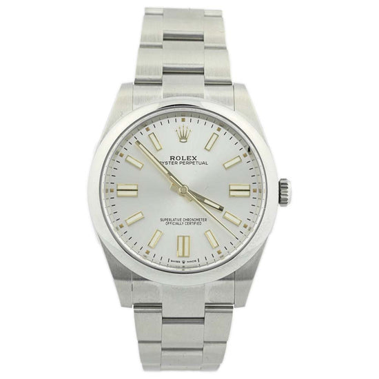 Load image into Gallery viewer, Rolex Men&amp;#39;s Oyster Perpetual Stainless Steel 41mm Silver Stick Dial Watch Reference #: 124300 - Happy Jewelers Fine Jewelry Lifetime Warranty
