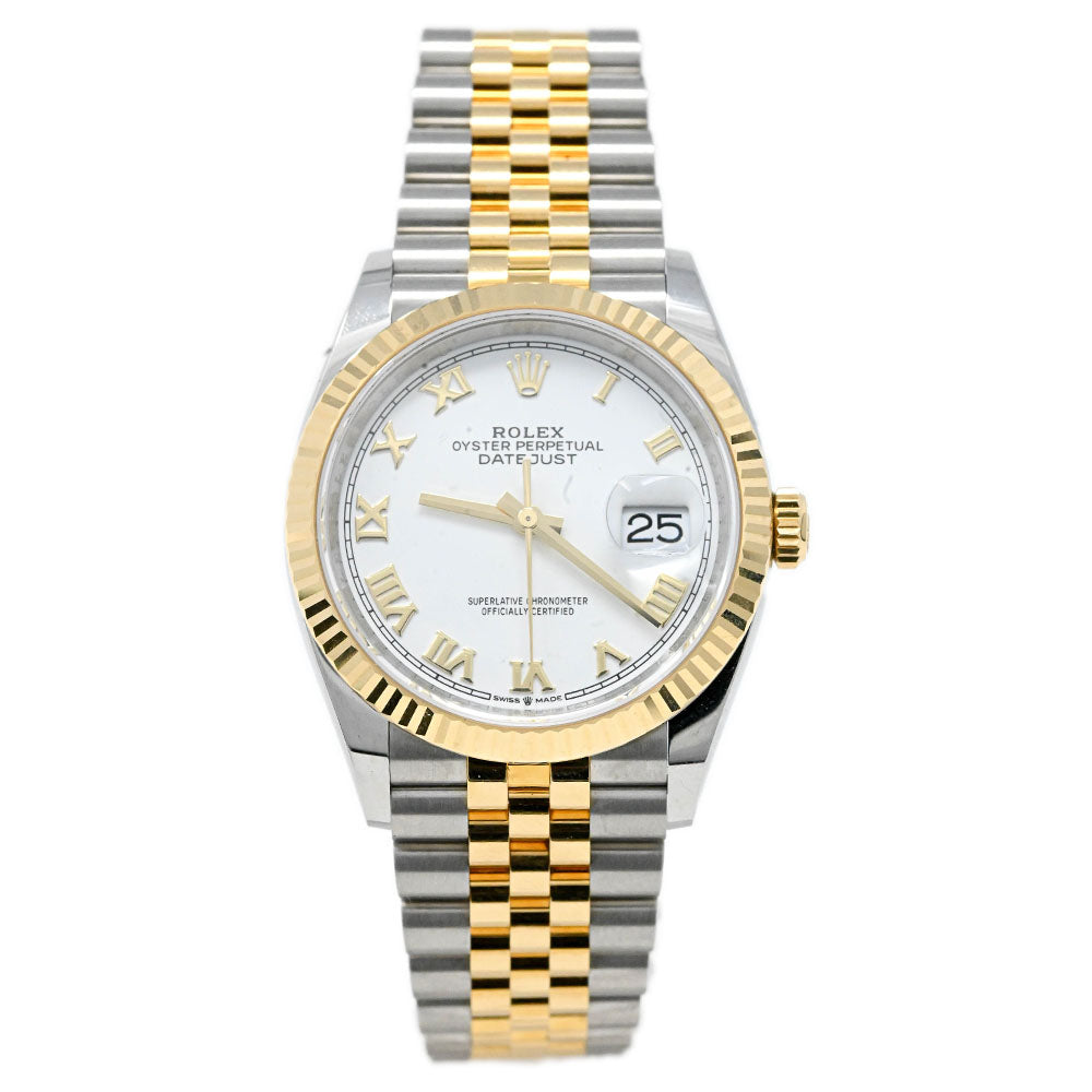 Rolex Unisex Datejust 36 18K Yellow Gold & Steel 36mm White Roman Dial Watch Reference #: 126233 - Happy Jewelers Fine Jewelry Lifetime Warranty