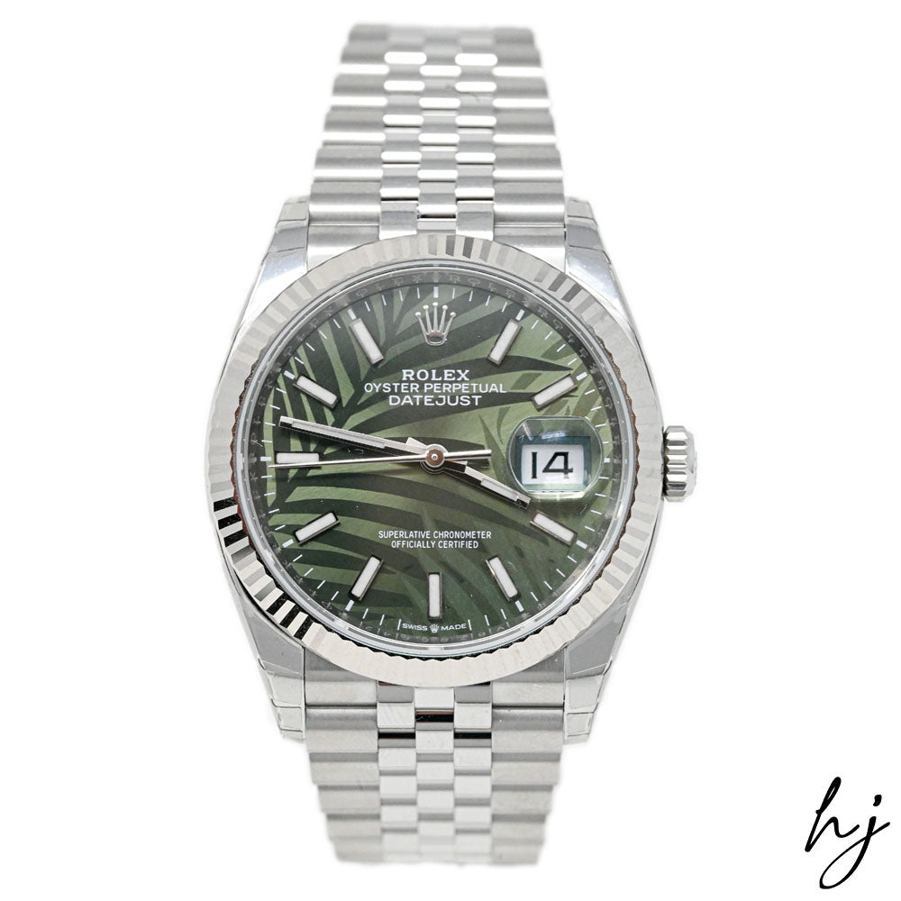 Rolex Unisex Datejust 36 Stainless Steel Datejust 36mm Olive Green Palm Motif Stick Dial Watch Reference #: 126234 - Happy Jewelers Fine Jewelry Lifetime Warranty