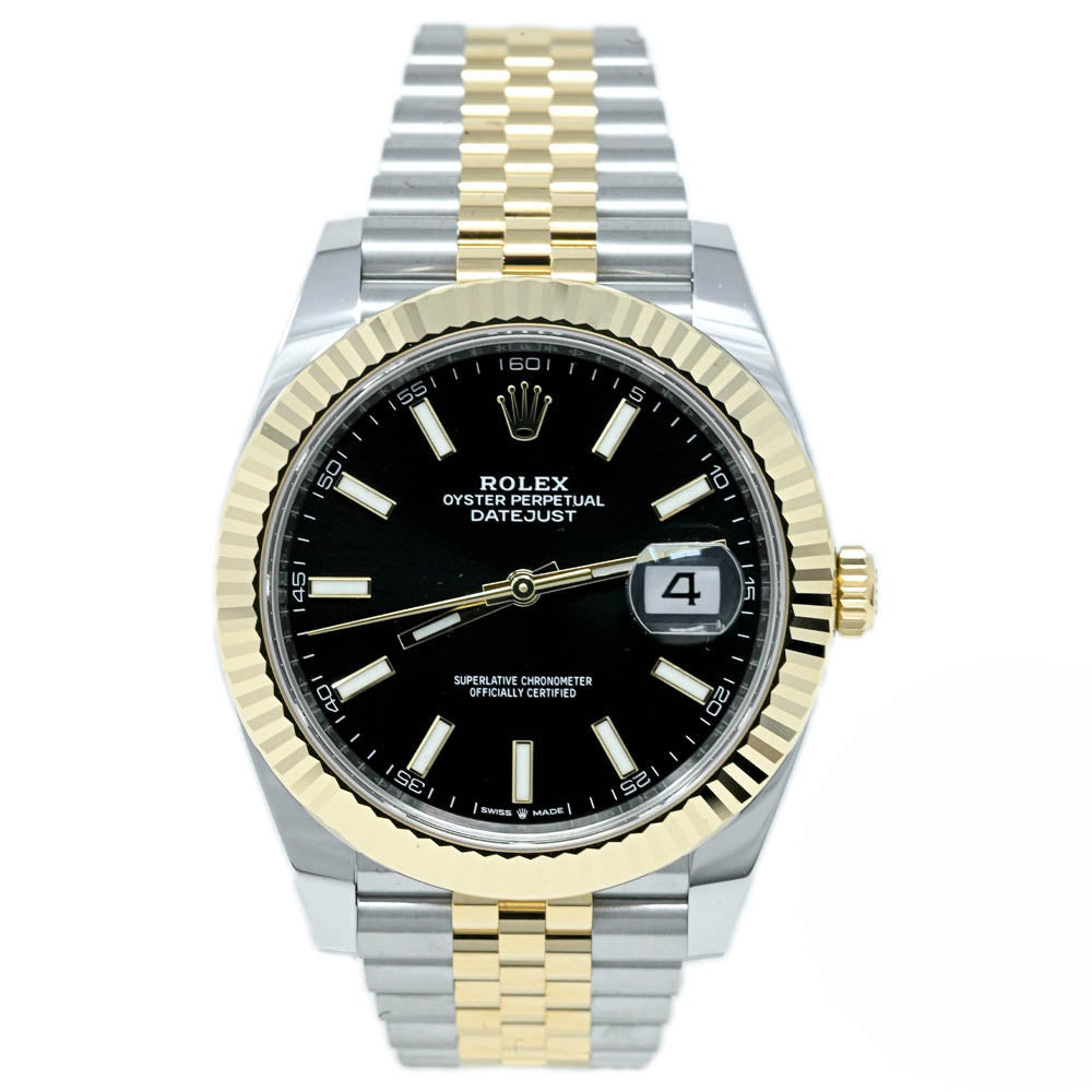 Rolex Datejust 41mm Two Tone Yellow Gold and Stainless Steel Black Stick Dial Watch - Happy Jewelers Fine Jewelry Lifetime Warranty