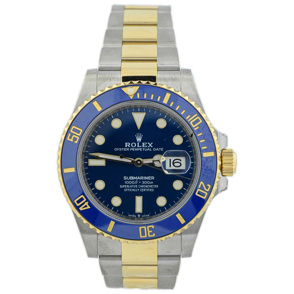 Rolex Mens Submariner Date 41mm Two Tone Stainless Steel and Yellow Gold Blue Dot Dial Watch Ref #: 126613LB - Happy Jewelers Fine Jewelry Lifetime Warranty