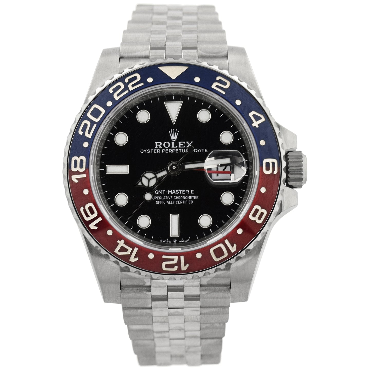 NEW! Men's GMT-Master II Pepsi Stainless Steel Black Dot Dial Reference #: 126710BLRO | Happy Jewelers