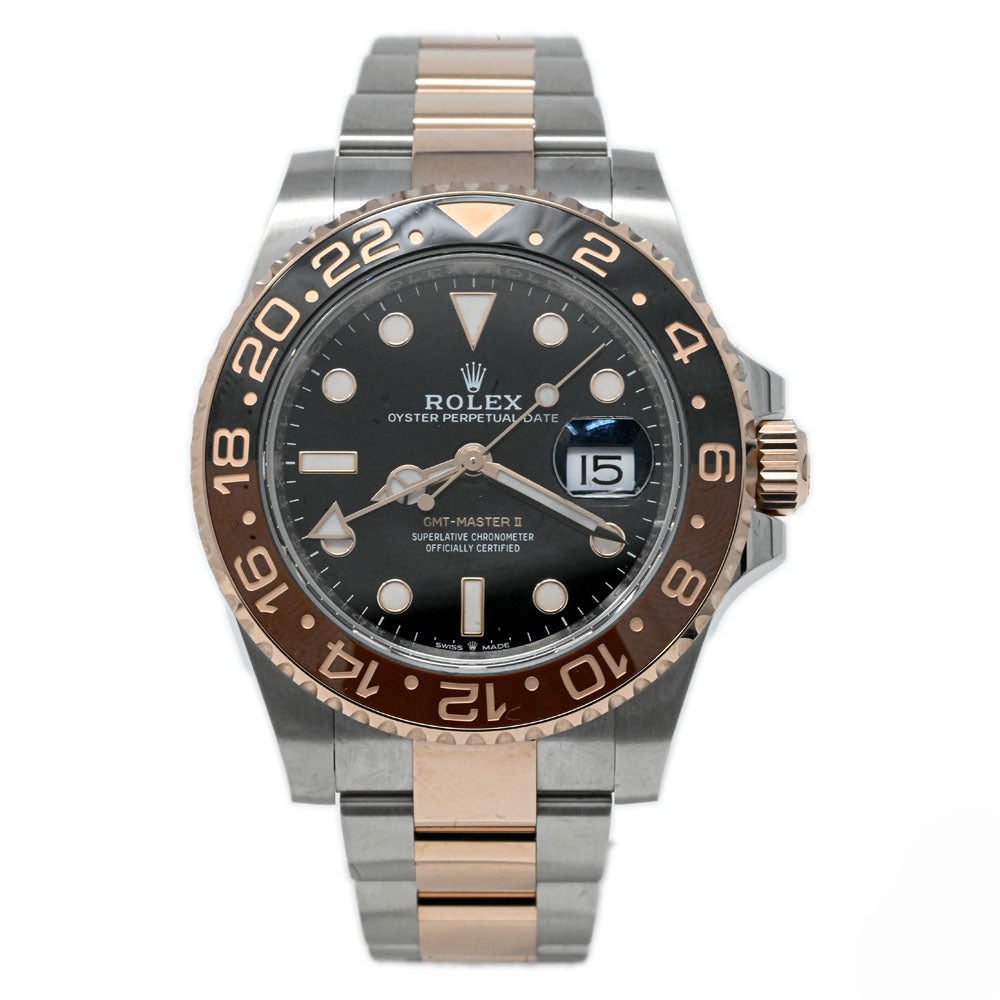 Rolex Men's GMT-Master II Rootbeer 18K Rose Gold & Steel 40mm Black Dot Dial Watch Reference #: 126711CHNR - Happy Jewelers Fine Jewelry Lifetime Warranty
