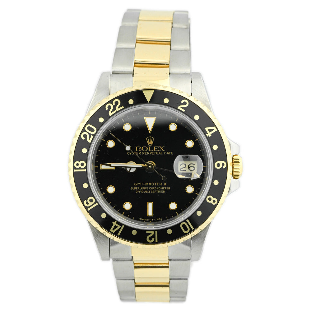 Rolex Mens GMT Master II Yellow Gold & Stainless Steel Black Dot Dial Reference# 16713 - Happy Jewelers Fine Jewelry Lifetime Warranty