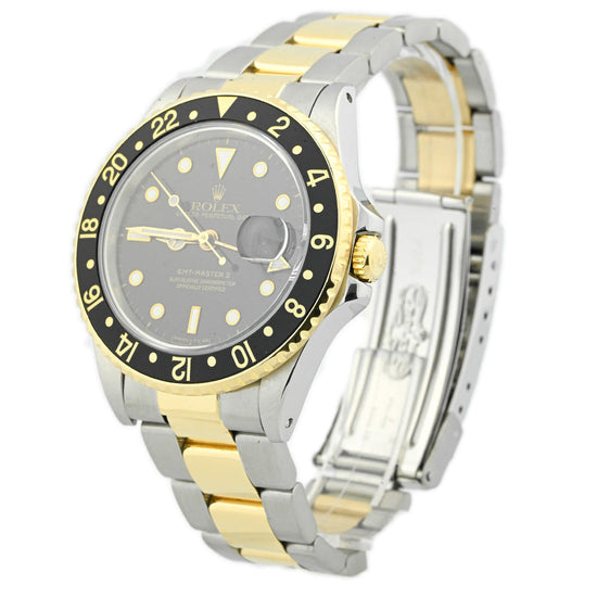 Rolex Mens GMT Master II Yellow Gold & Stainless Steel Black Dot Dial Reference# 16713 - Happy Jewelers Fine Jewelry Lifetime Warranty