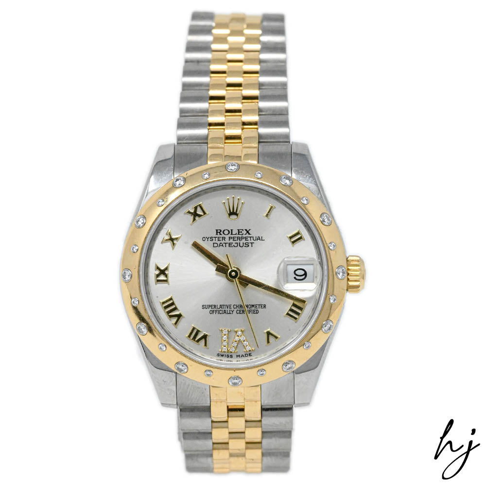 Rolex Ladies Datejust 31 18K Yellow Gold & Steel Silver Roman Dial Watch Reference #: 178343 - Happy Jewelers Fine Jewelry Lifetime Warranty