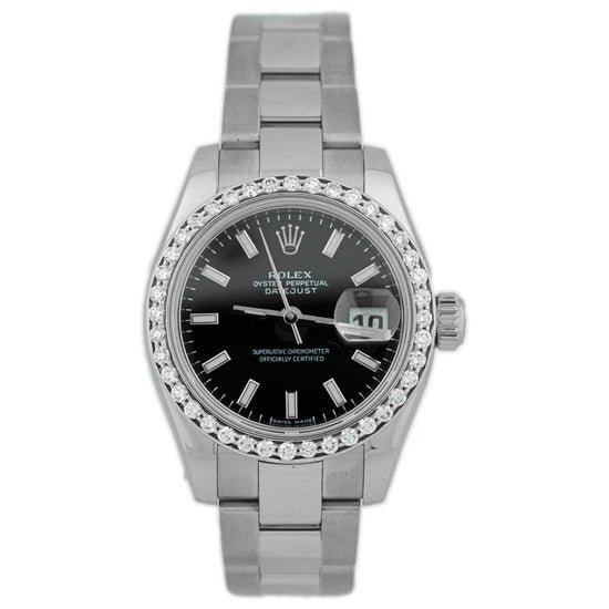Rolex Lady's Datejust Stainless Steel 26mm Black Stick Dial Watch Reference #: 179160 - Happy Jewelers Fine Jewelry Lifetime Warranty