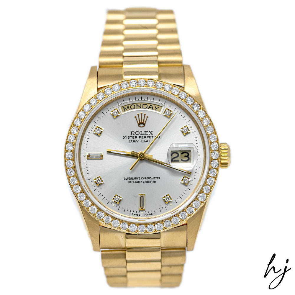 Rolex Unisex Day-Date 18K Yellow Gold 36mm Silver Diamond Dial Watch ALL FACTORY! Reference #: 18038 - Happy Jewelers Fine Jewelry Lifetime Warranty