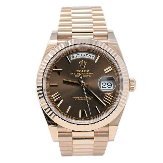 Rolex President Day-Date 40 18k Everose 40mm Chocolate Roman Dial Watch Reference# 228235 - Happy Jewelers Fine Jewelry Lifetime Warranty