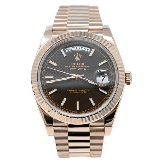 Rolex Men's Day-Date Everose Gold 40mm Chocolate Motif Stick Dial Watch Reference #: 228235 - Happy Jewelers Fine Jewelry Lifetime Warranty