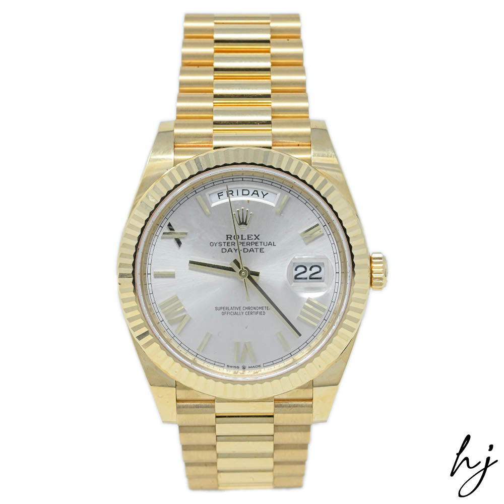 Load image into Gallery viewer, Rolex Men&amp;#39;s Day-Date 18K Yellow Gold 40mm Silver Roman Dial Watch Reference #: 228238 - Happy Jewelers Fine Jewelry Lifetime Warranty
