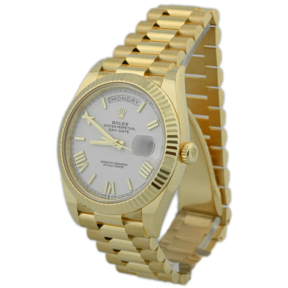 Rolex Men's Day-Date 40 18K Yellow Gold 40mm White Roman Dial Watch Reference #: 228238 - Happy Jewelers Fine Jewelry Lifetime Warranty