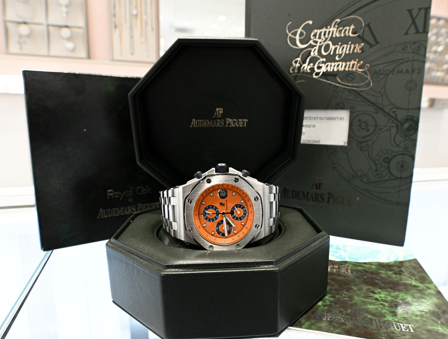 Audemars Piguet Men's Royal Oak Offshore Stainless Steel 42mm Factory Orange Chronograph Stick Dial Watch Reference #: 25721ST.OO.1000ST.01 - Happy Jewelers Fine Jewelry Lifetime Warranty