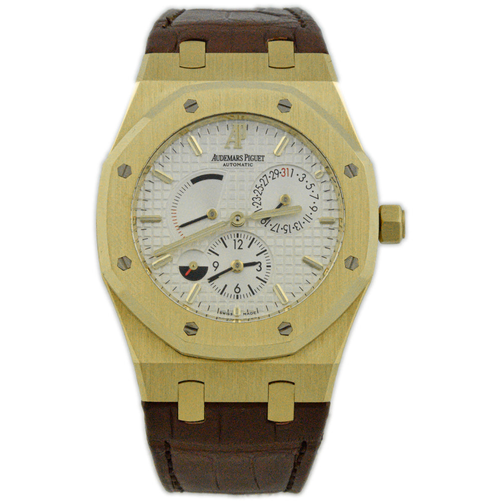 Audemars Piguet Mens Royal Oak Dual Time 18K Yellow Gold 39mm White Stick Dial Watch Reference #: 26120BA.OO.D088CR.01 - Happy Jewelers Fine Jewelry Lifetime Warranty