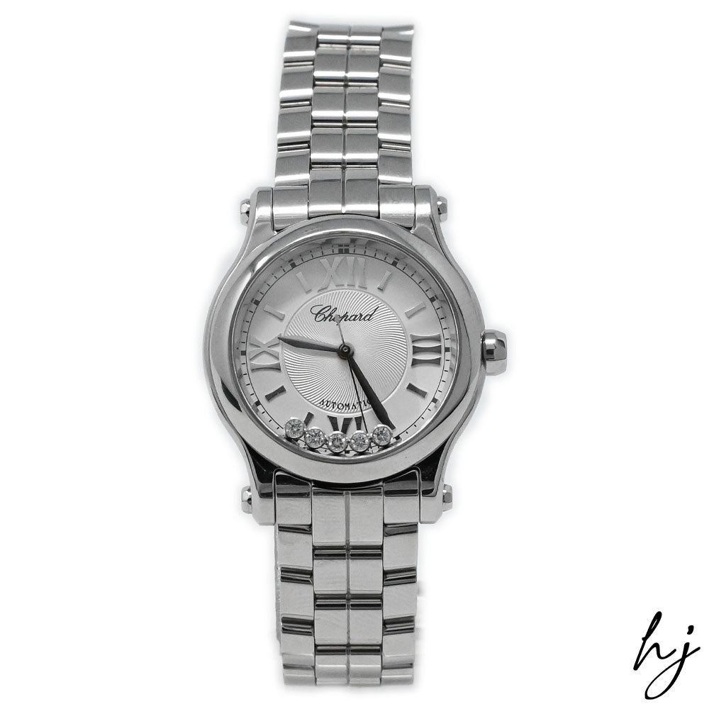 Chopard Ladies Happy Sport Stainless Steel  30mm Silver Roman Dial Watch w/ Floating Diamonds Reference #: 278573-3002 - Happy Jewelers Fine Jewelry Lifetime Warranty