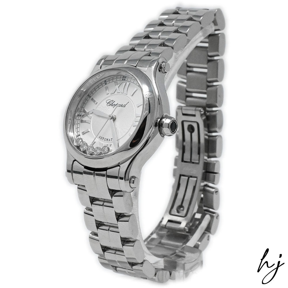 Load image into Gallery viewer, Chopard Ladies Happy Sport Stainless Steel  30mm Silver Roman Dial Watch w/ Floating Diamonds Reference #: 278573-3002 - Happy Jewelers Fine Jewelry Lifetime Warranty
