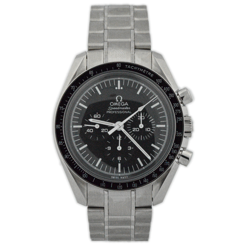 Omega Mens Speedmaster Moonwatch Stainless Steel 42mm Black Chronograph Stick Dial Watch Reference #: 311.30.42.30.01.005 - Happy Jewelers Fine Jewelry Lifetime Warranty