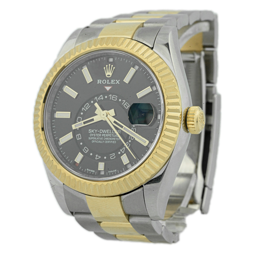 Rolex Men's Sky-Dweller 18K Yellow Gold & Steel 42mm Black Stick Dial Watch Reference# 326933 - Happy Jewelers Fine Jewelry Lifetime Warranty