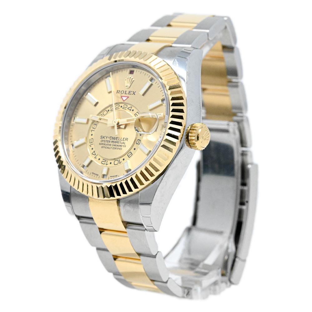 Rolex Men's Sky-Dweller 18K Yellow Gold & Steel 42mm Champagne Stick Dial Watch Reference #: 326933 - Happy Jewelers Fine Jewelry Lifetime Warranty
