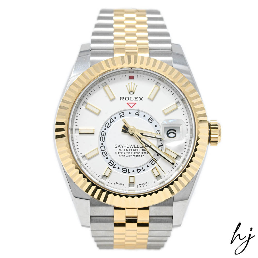 New! Rolex Men's Sky-Dweller 18K Yellow Gold & Steel 42mm White Stick Dial Watch Reference #: 326933 - Happy Jewelers Fine Jewelry Lifetime Warranty