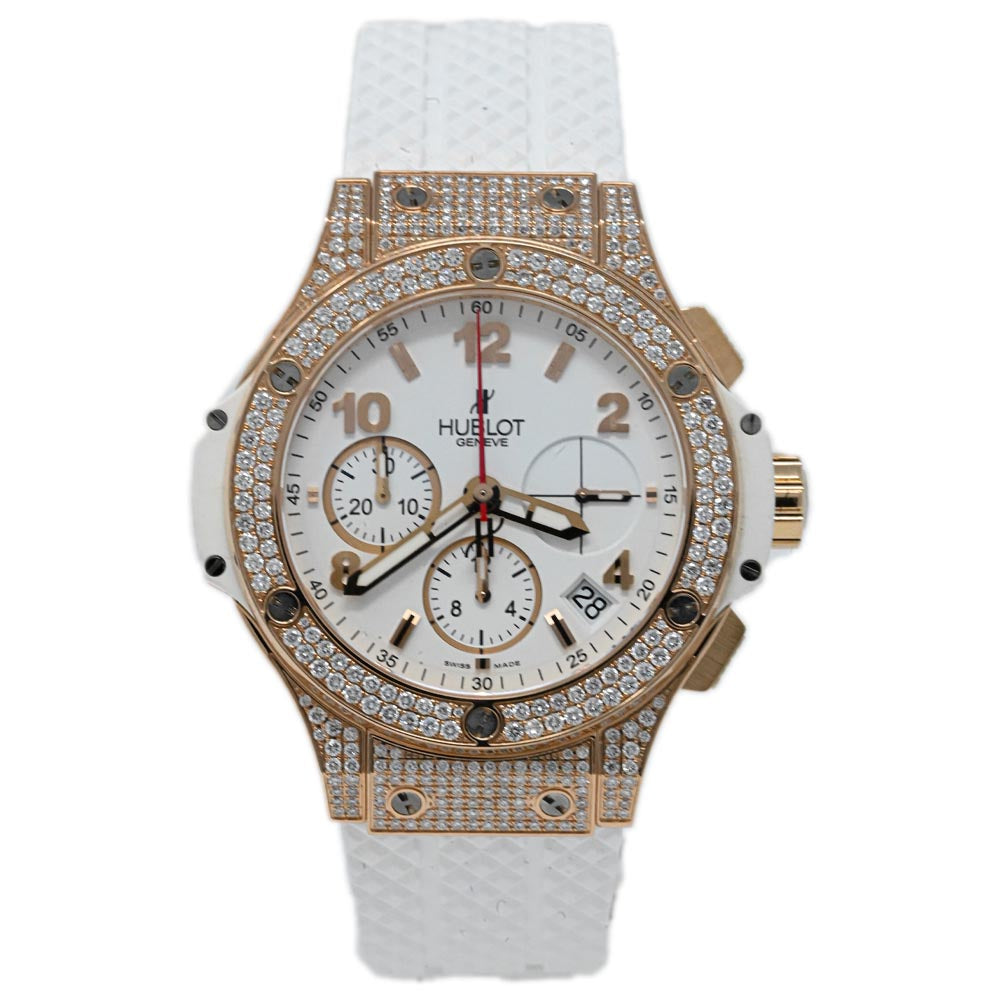 Hublot Unisex Iced out Big Bang 18K Rose Gold 41mm White Stick & Arabic Numeral Dial Watch Reference #: 341.PE.2010.RW - Happy Jewelers Fine Jewelry Lifetime Warranty