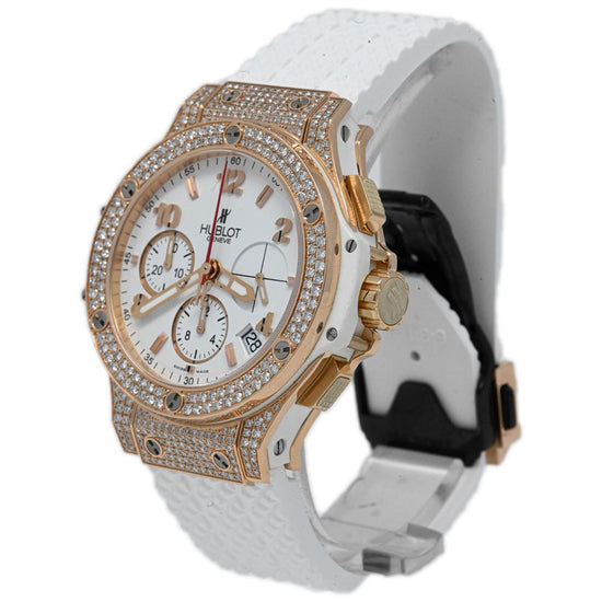 Hublot Unisex Iced out Big Bang 18K Rose Gold 41mm White Stick & Arabic Numeral Dial Watch Reference #: 341.PE.2010.RW - Happy Jewelers Fine Jewelry Lifetime Warranty