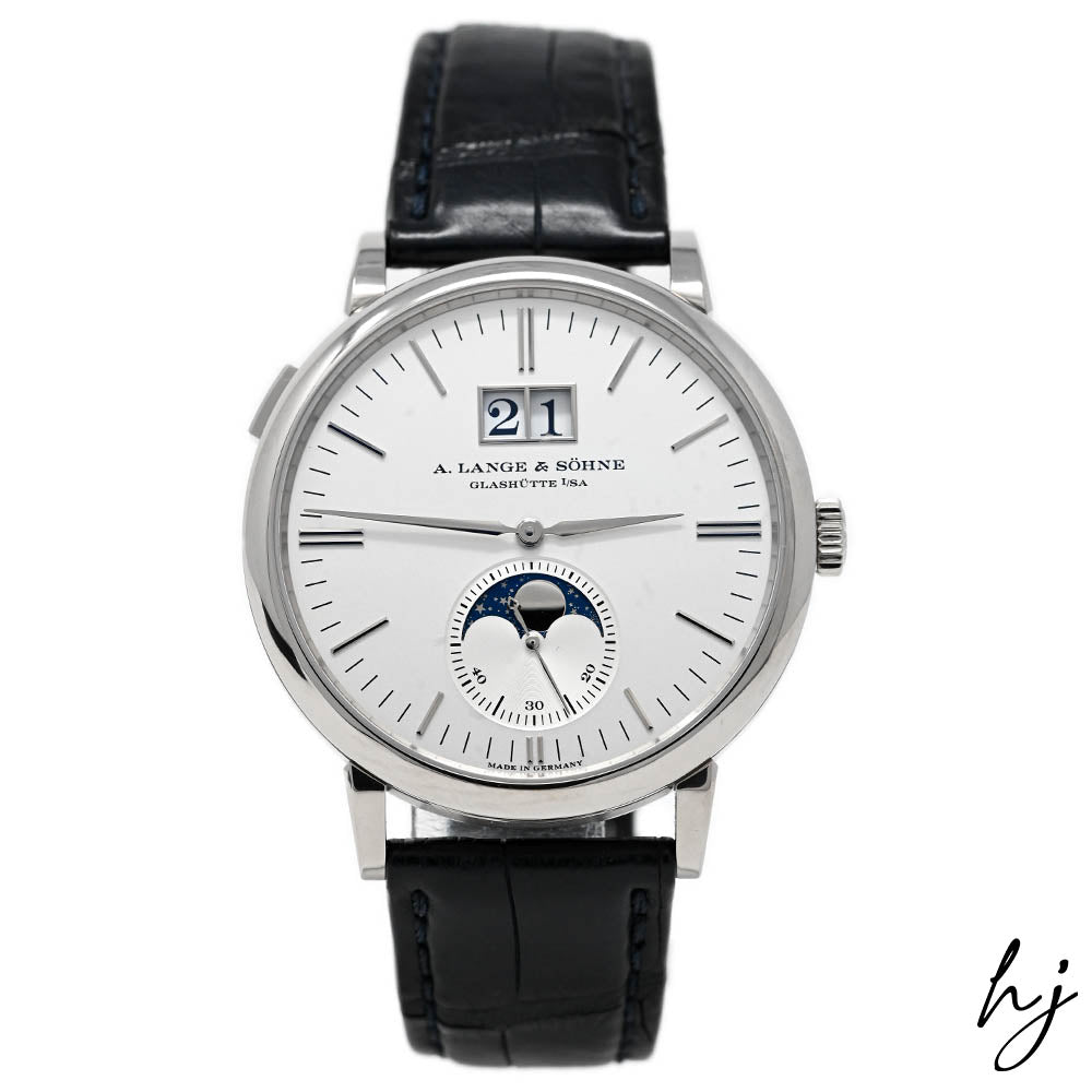 A Lange & Sohne Men's Saxonia Moonphase 18K White Gold 40mm Silver Stick Dial Watch Reference #: 384.026 - Happy Jewelers Fine Jewelry Lifetime Warranty