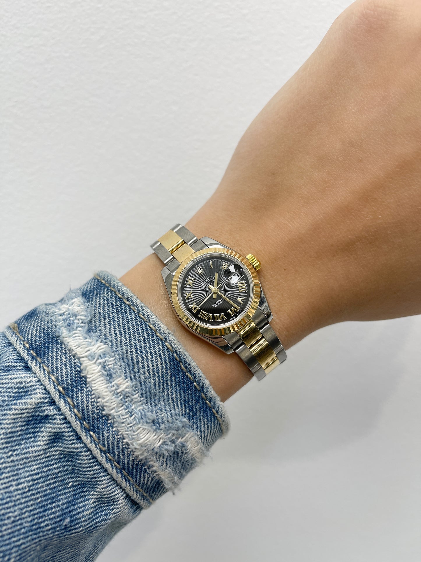 Rolex Lady-Datejust 18K Yellow Gold & Steel 26mm Black Roman Dial Watch Reference #: 179173 - Happy Jewelers Fine Jewelry Lifetime Warranty