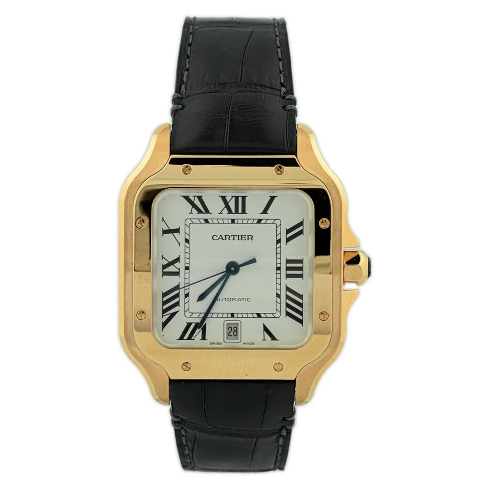 Cartier Mens Santos 18K Red Gold 39.8mm Silver Roman Dial Watch Reference #: WGSA0018 - Happy Jewelers Fine Jewelry Lifetime Warranty