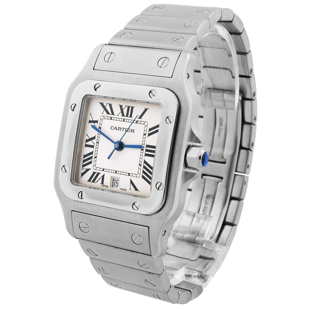 Cartier Ladys Quartz Santos Galbee Stainless Steel 34.8 mm x 26.2 mm Silver Roman Dial Watch Reference #: W20056D6 - Happy Jewelers Fine Jewelry Lifetime Warranty