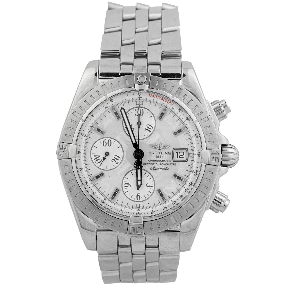 Breitling Men's Chronomat Evolution Stainless Steel 44mm Silver Stick Chronograph Dial Watch Reference #: A13356 - Happy Jewelers Fine Jewelry Lifetime Warranty