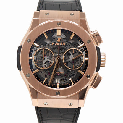 Hublot Mens Classic Fusion Rose Gold Skeleton Chronograph Dial Watch Reference# 525.OX.0180.LR - Happy Jewelers Fine Jewelry Lifetime Warranty