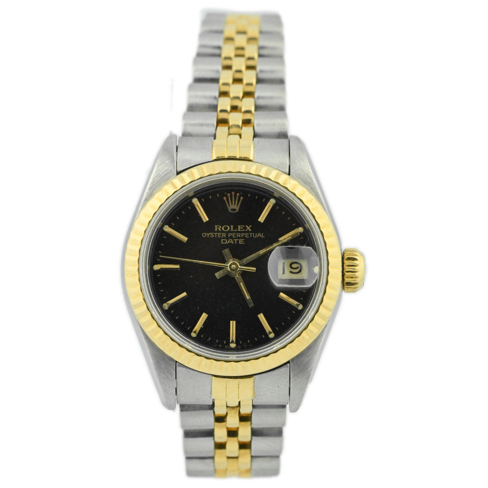 Rolex Ladies Date 18K Yellow Gold Steel 26mm Black Stick Dial