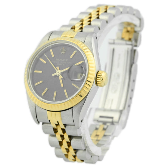 Load image into Gallery viewer, Rolex Ladies Date 18K Yellow Gold &amp;amp; Steel 26mm Black Stick Dial Watch Reference #: 69173 - Happy Jewelers Fine Jewelry Lifetime Warranty
