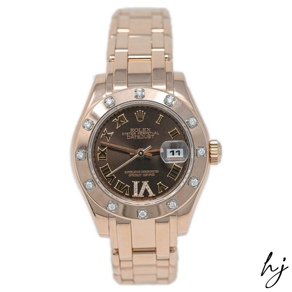 Load image into Gallery viewer, Rolex Ladies Datejust Pearlmaster 18K Rose Gold 29mm Chocolate Roman Dial Watch Reference #: 80315 - Happy Jewelers Fine Jewelry Lifetime Warranty
