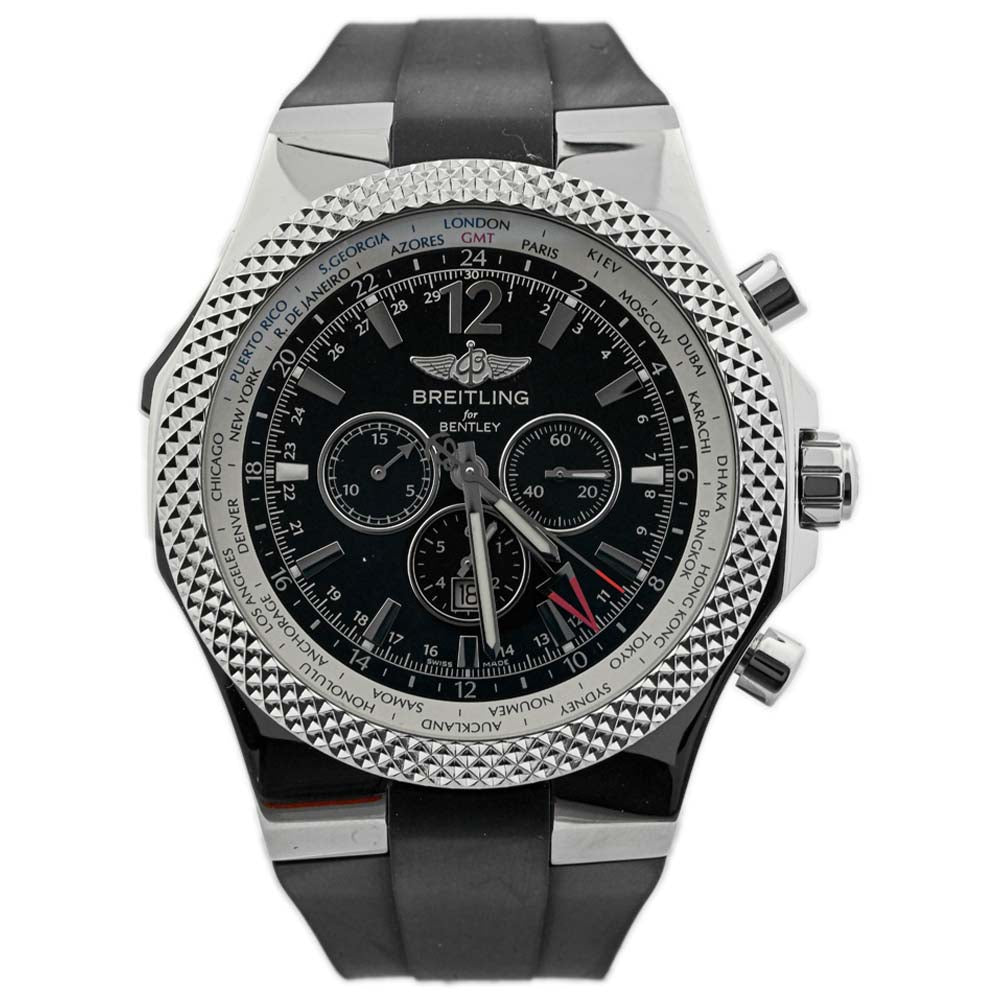 Breitling Men's Bentley GMT Stainless Steel 49mm Black Chronograph Stick Dial Watch Reference #: A4736212/B919 - Happy Jewelers Fine Jewelry Lifetime Warranty