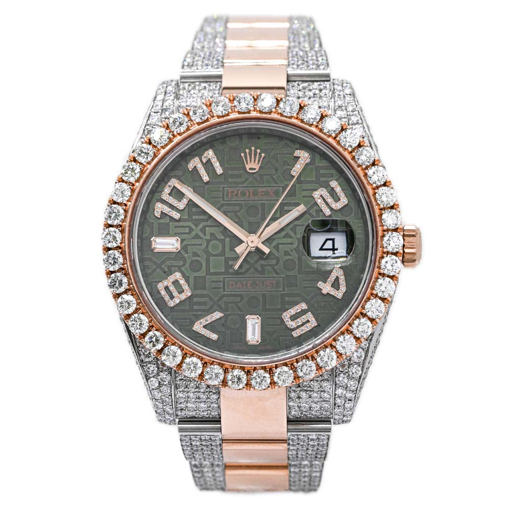 Rolex Mens Datejust 41mm Two Tone Rose Gold Case Iced Out Custom Green Rolex Jubilee diamond dial Watch Reference #:126301 - Happy Jewelers Fine Jewelry Lifetime Warranty