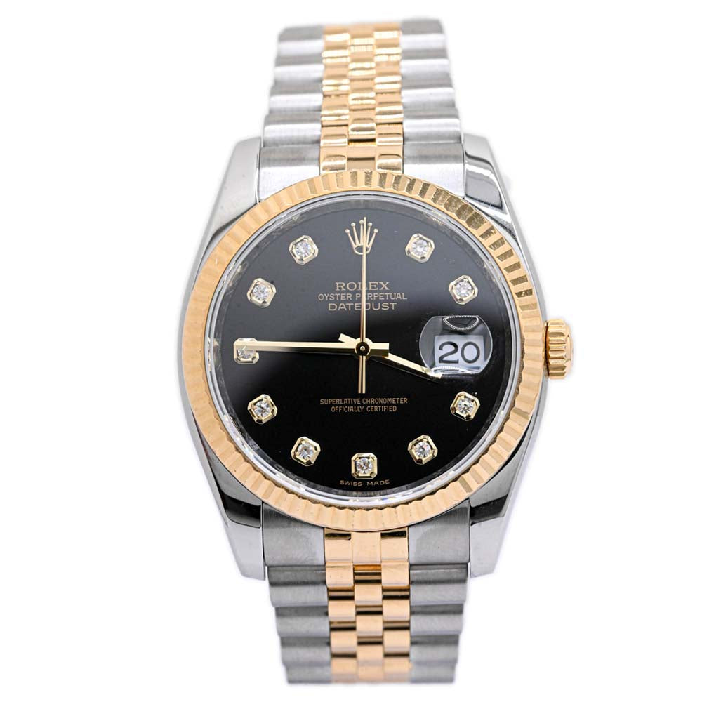 Rolex Datejust 36 mm Black Diamond Dial Two Tone Oyster Watch