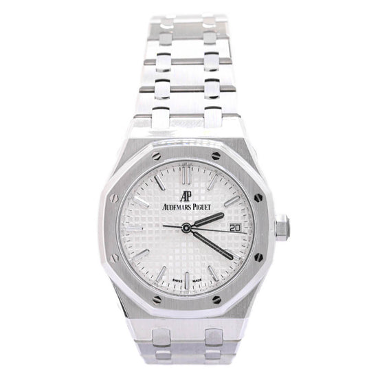 Audemars Piguet Ladies Royal Oak Stainless Steel 34mm White Tappiserie Dial Watch Reference #: 77350ST.OO.1261ST.01 - Happy Jewelers Fine Jewelry Lifetime Warranty