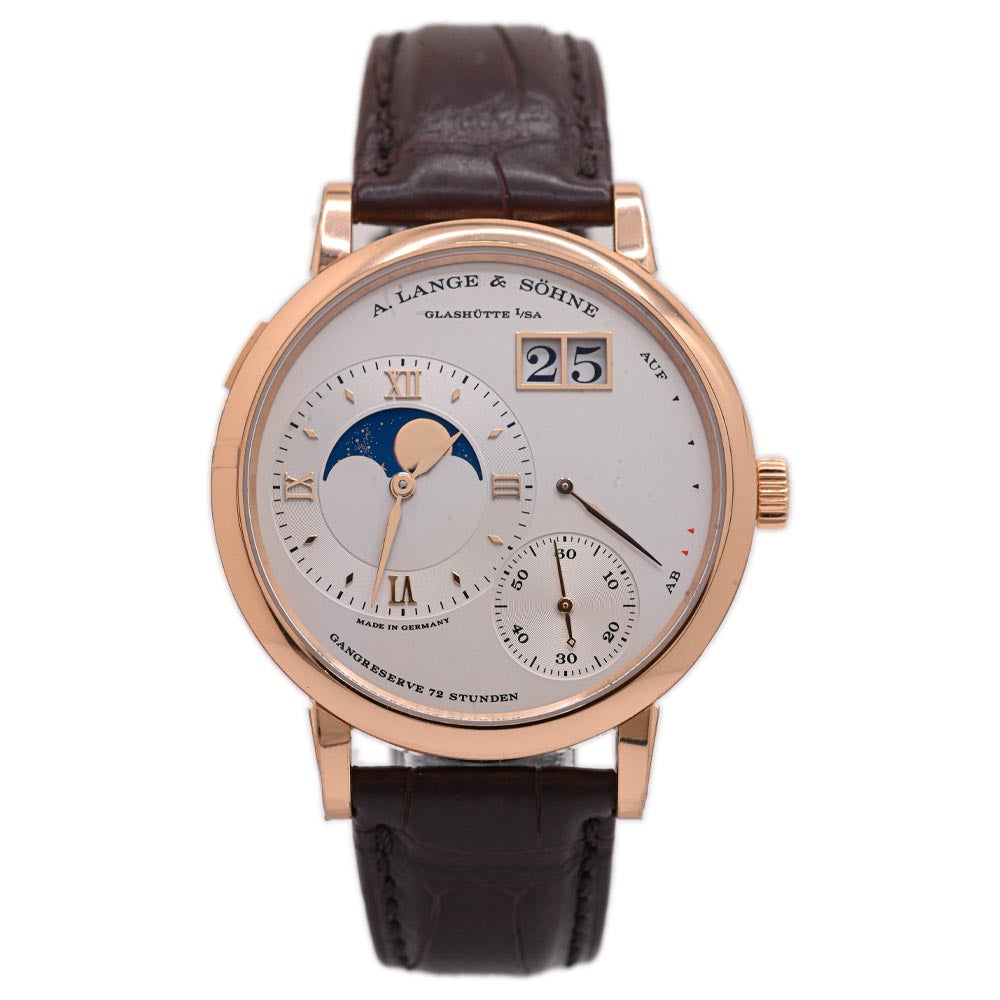 A Lang & Sohne Men's Grand Lange 1 Moon Phase Rose Gold 41mm Silver Moonphase Dial Watch - Happy Jewelers Fine Jewelry Lifetime Warranty